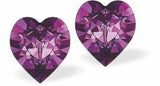 Austrian Crystal Heart Stud Earings in Amethyst Purple, with sterling silver earwires.