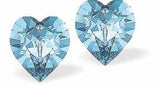 Austrian Crystal Heart Stud Earrings in Aquamarine Blue, Available in Two Sizes with Sterling Silver Earwires