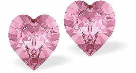 Austrian Crystal Heart Stud Earrings in Warm Rose Pink, Available in Two Sizes with Sterling Silver Earwires
