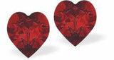 Austrian Crystal Heart Stud Earrings in Light Siam Red, Available in Two Sizes with Sterling Silver Earwires