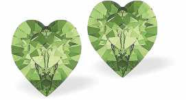 Austrian Crystal Heart Stud Earings in Peridot Green, Available in Two Sizes with Sterling Silver Earwires