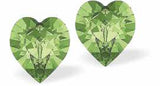 Austrian Crystal Heart Stud Earings in Peridot Green, Available in Two Sizes with Sterling Silver Earwires