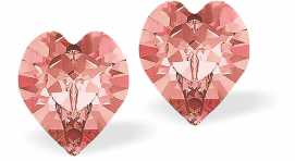 Austrian Crystal Heart Stud Earings in Rose Peach Pink, Available in Two Sizes with Sterling Silver Earwires