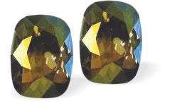 Austrian Crystal Rectangular Quadrille Stud Earrings Multi Faceted Crystal 8mm in size Colour: Iridescent Green Sterling Silver Earwires Delivered in a soft, black, velveteen pouch