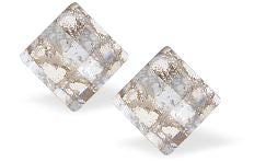 Austrian  Crystal Chessboard Stud Earrings in Silver Patina with Sterling Silver Earwires
