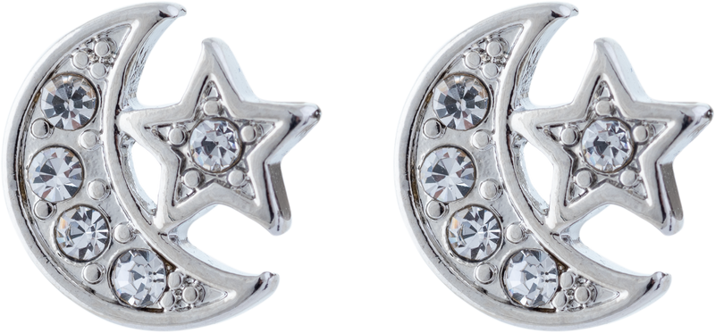 Crystal Encrusted Moon and Star Stud Earrings, Rhodium Plated