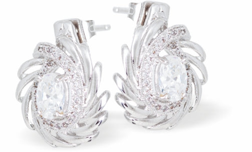 Crystal Encrusted Round Swirl Stud Earrings, Rhodium Plated