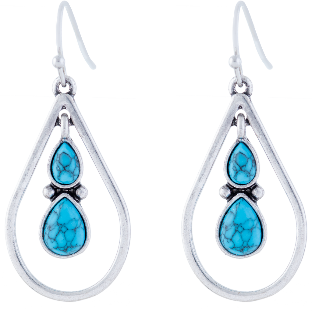 Turquoise Centred Double Drop Teardrop Earrings, Rhodium Plated