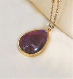 Purple Gemstone Necklace Drop 20mm in size Hypoallergenic: Nickel, Lead and Cadmium Free  Rose Golden Titanium Steel Delivered in a soft, black, velveteen pouch