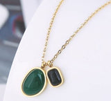 Double Drop Fern Green and Mystic Black Gemstone Necklace Golden Titanium Steel  16" Chain with 2" Extension 20mm drop