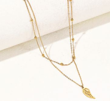 Double Layered Gold Plated Chain Necklace, ornate with Wing Drop