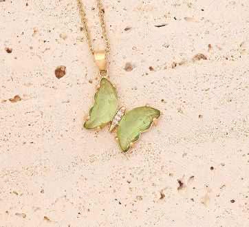 Peridot Green Crystal Butterfly Necklace, Gold Plated 18" Gold Plated Curb Chain