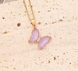 Violet Pink Crystal Butterfly Necklace, Gold Plated 18" Gold Plated Curb Chain