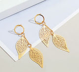 Golden Coloured Double Leaf Drop Earrings 50mm Drop
