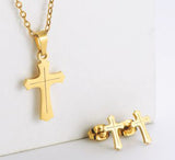 Golden Titanium Steel Cross Necklace with matching Titanium Stud Earrings
