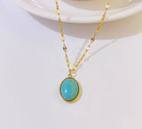 Turquoise Blue Oval Gemstone Drop Necklace 18" Gold Coloured Curb Chain