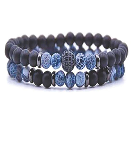 Artisan Natural Stone Weathering Blue Double Crystal Stretch Bracelet Hypoallergenic: Nickel, Lead and Cadmium Free  Delivered in a soft, black, velveteen pouch