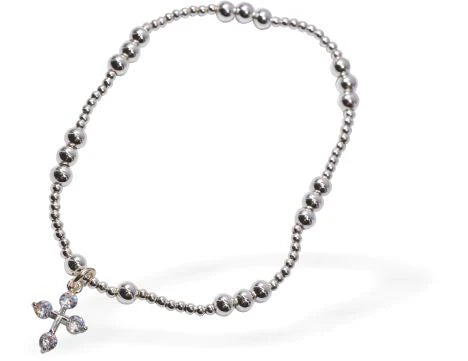 Stretch Charm Bracelet, Rhodium Plated Cross Charm 6cm diameter, stretch  Nickel, Lead and Cadmium Free, Hypoallergenic Delivered in a soft, black, velveteen pouch