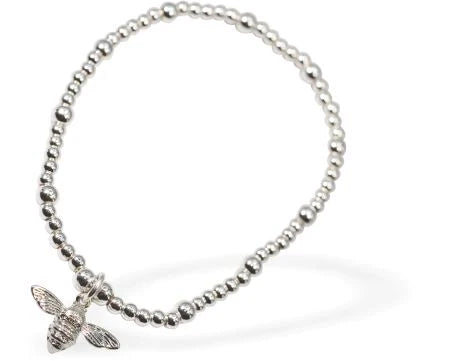 Stretch Charm Bracelet, Rhodium Plated Bee Charm 6cm diameter, stretch  Nickel, Lead and Cadmium Free, Hypoallergenic Delivered in a soft, black, velveteen pouch