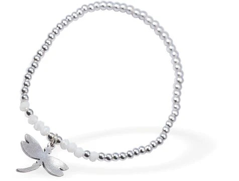 Stretch Charm Bracelet, Rhodium Plated Dragonfly Charm 6cm diameter, stretch  Nickel, Lead and Cadmium Free, Hypoallergenic Delivered in a soft, black, velveteen pouch