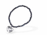 Stretch Charm Bracelet with Granite Grey Coloured Beads, Rhodium Plated, and Double Heart Charm