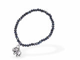 Stretch Charm Bracelet with Granite Grey Coloured Beads, Rhodium Plated, an Elephant Charm
