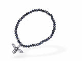 Stretch Charm Bracelet with Granite Grey Coloured Beads, Rhodium Plated, an Bee Charm