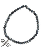 Stretch Charm Bracelet with Granite Grey Coloured Beads, Rhodium Plated, a Dragonfly Charm
