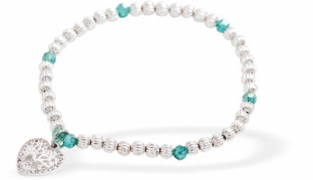 Stretch Charm Bracelet, Rhodium Plated, with Heart Encased Tree of Life  Charm and Turquoise Embellishment