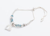 Adjustable Charm Bracelet, Rhodium Plated, with Tree of Life Charm and Aquamarine Blue Beads