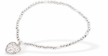Stretch Charm Bracelet, Rhodium Plated, with Heart Encased Tree of Life  Charm