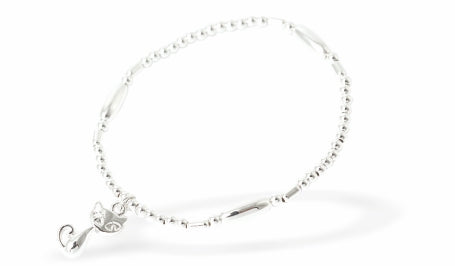 Silver Coloured Stretch, Beaded, Slip On Bracelet with Cute Cat Charm