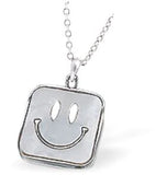 Pearl Based Smiley Face Square Necklace Hypo allergenic: Free from Lead, Nickel and Cadmium  10mm in size Colour: White Pearl Chain: Choice of Stainless Steel Chain (18") or Sterling Silver Chain (18") Delivered in a soft, black, velveteen pouch