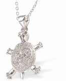 Silver Coloured Turtle Necklace Hypo allergenic: Free from Lead, Nickel and Cadmium  22mm in size Colour: Silver Coloured, Rhodium Plated Chain: Choice of Stainless Steel Chain (18") or Sterling Silver Chain (18") Delivered in a soft, black, velveteen pouch