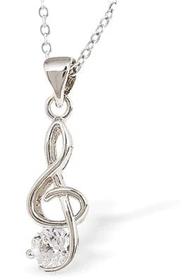 Silver Coloured Treble Clef Necklace Hypo allergenic: Free from Lead, Nickel and Cadmium  20mm in size Colour: Silver Coloured, Rhodium Plated Chain: Choice of Stainless Steel Chain (18") or Sterling Silver Chain (18") Delivered in a soft, black, velveteen pouch
