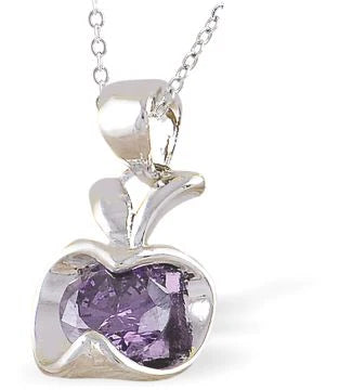 Silver Coloured Tanzanite Apple Necklace Hypo allergenic: Free from Lead, Nickel and Cadmium  13mm in size Colour: Tanzanite Purple, Silver Coloured, Rhodium Plated Chain: Choice of Stainless Steel Chain (18") or Sterling Silver Chain (18") Delivered in a soft, black, velveteen pouch