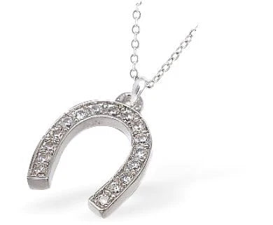 Silver Coloured Horseshoe with Crystal Necklace Hypo allergenic: Free from Lead, Nickel and Cadmium  15mm in size Colour: Silver Coloured, Rhodium Plated Chain: Choice of Stainless Steel Chain (18") or Sterling Silver Chain (18") Delivered in a soft, black, velveteen pouch