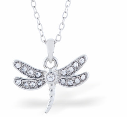 Crystal Encrusted Sparkling Cute Dragonfly Necklace Rhodium Plated, Hypo allergenic, Nickel Free 18 mm in size