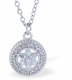 Crystal Encrusted Sparkling Circular Diamonte with Flower Necklace, Rhodium Plated