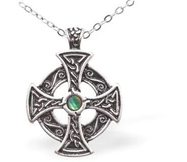 Paua Shell Celtic Cross Necklace Hypoallergenic: Nickel, Lead and Cadmium Free 24mm in size, with 18" chain Rhodium Plated Delivered in a soft, black, velveteen pouch