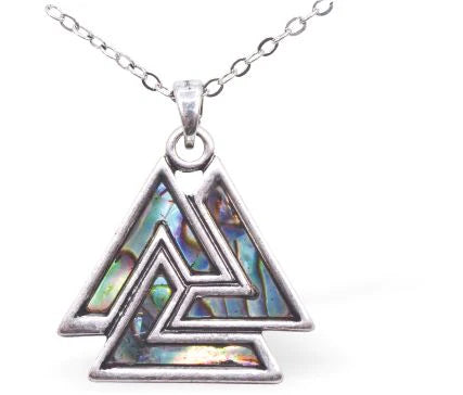 Paua Shell Celtic Viking Necklace Hypoallergenic: Nickel, Lead and Cadmium Free 24mm in size, with 18" chain Rhodium Plated Delivered in a soft, black, velveteen pouch