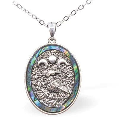 Paua Shell Celtic Raven Moon Necklace Hypoallergenic: Nickel, Lead and Cadmium Free 30mm in size, with 18" chain Rhodium Plated Delivered in a soft, black, velveteen pouch