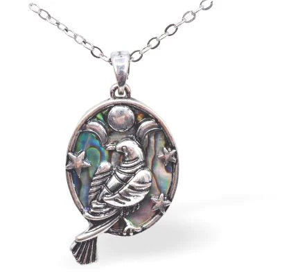 Paua Shell Celtic Moon Bird Necklace Hypoallergenic: Nickel, Lead and Cadmium Free 24mm in size, with 18" chain Rhodium Plated Delivered in a soft, black, velveteen pouch