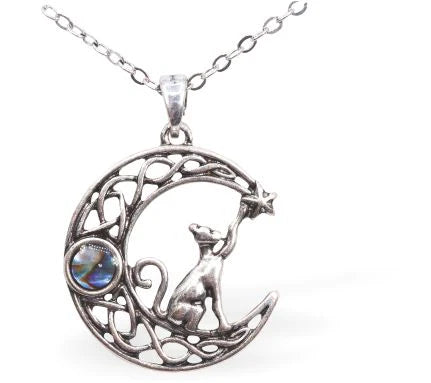 Paua Shell Celtic Moon Cat Necklace Hypoallergenic: Nickel, Lead and Cadmium Free 24mm in size, with 18" chain Rhodium Plated Delivered in a soft, black, velveteen pouch