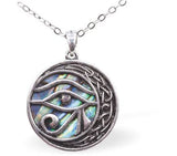 Paua Shell Celtic Eye of Horus Necklace Hypoallergenic: Nickel, Lead and Cadmium Free 24mm in size, with 18" chain Rhodium Plated Delivered in a soft, black, velveteen pouch