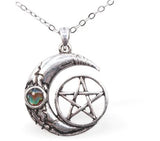 Paua Shell Celtic Moon with Pentagram Necklace Hypoallergenic: Nickel, Lead and Cadmium Free 24mm in size, with 18" chain Rhodium Plated Delivered in a soft, black, velveteen pouch