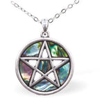 Paua Shell Encircled Pentagram Necklace Hypoallergenic: Nickel, Lead and Cadmium Free 24mm in size, with 18" chain Rhodium Plated Delivered in a soft, black, velveteen pouch
