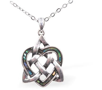 Paua Shell Celtic Triquetra Heart Necklace Hypoallergenic: Nickel, Lead and Cadmium Free 24mm in size, with 18" chain Rhodium Plated Delivered in a soft, black, velveteen pouch