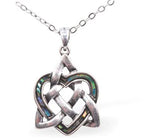 Paua Shell Celtic Triquetra Heart Necklace Hypoallergenic: Nickel, Lead and Cadmium Free 24mm in size, with 18" chain Rhodium Plated Delivered in a soft, black, velveteen pouch