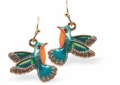 Golden Humming Bird Drop Earrings in a Rich Gradation of Greens and Blues, Rhodium Plated